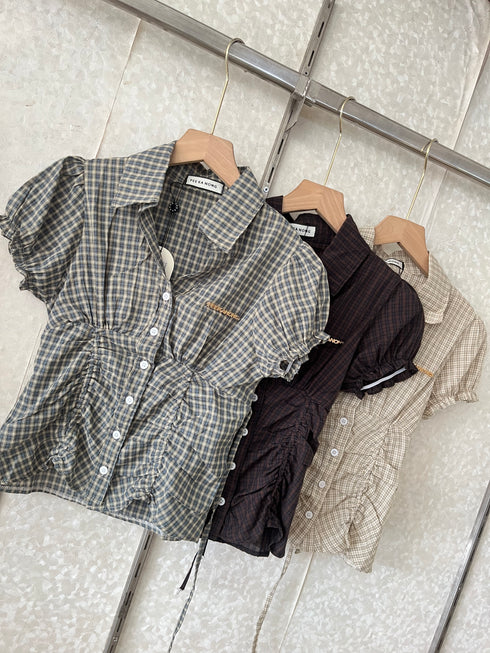 Checker Collar Down Fitted Tops